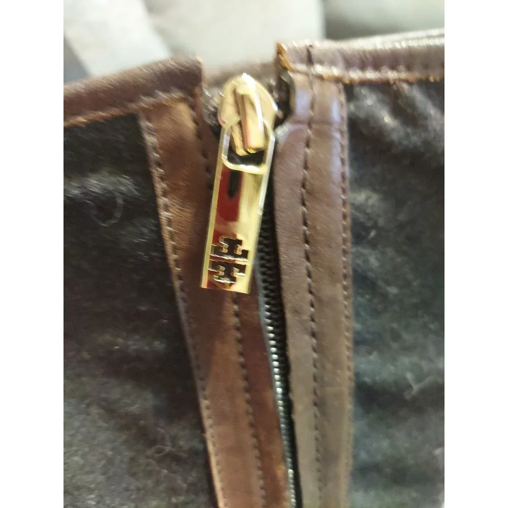 Tory Burch Womens 9M Riding Brown/Black Leather Pull On Mid-Calf Casual Boot